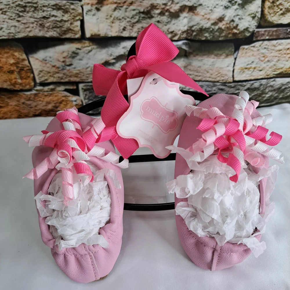 'MUD PIE' LEATHER SLIP-ON SHOES BABY GIFT SET CURLY GROSGRAIN ACC. ROUND TOE